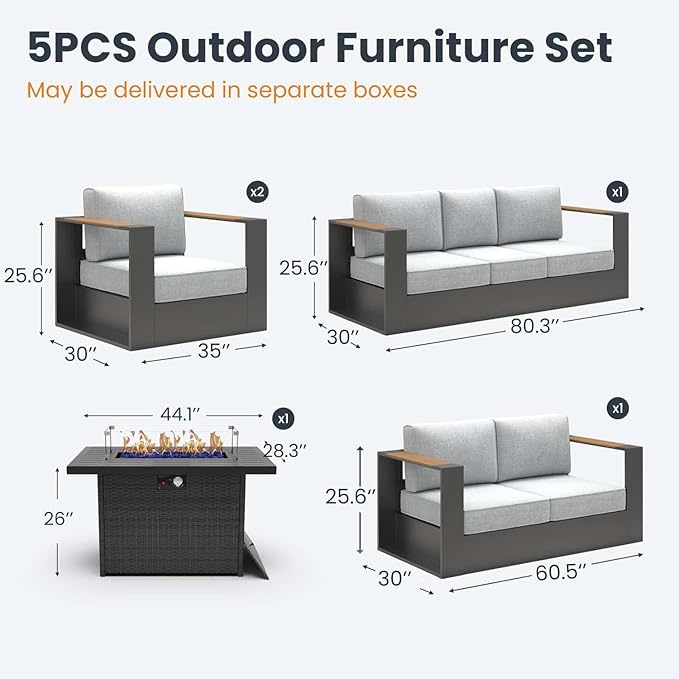 Aluminum Patio Furniture Set, 7 Seats Luxury Seating Furniture with 44" Fire Pit Table, All Weather Outdoor Conversation Sets with 6" Thickened Cushions