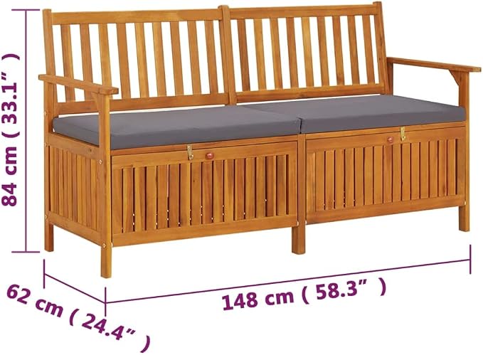 Patio Storage Bench with Gray Cushion, Outdoor Wooden Deck Box, Solid Wood Patio Furniture for Outdoor Cushions, Pool Storage and Garden Tools, 58.3"x24.4"x33.1", -332