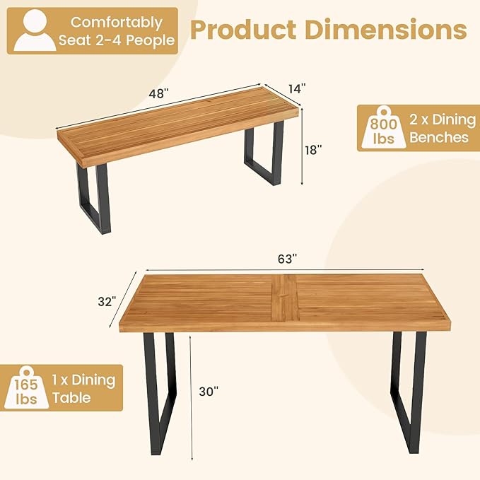 Tangkula 3 Pieces Patio Dining Table Set, 63” Rectangle Acacia Wood Table with Umbrella Hole and 2 Backless Bench with Metal Frame, Outdoor Dinette Furniture for Garden Yard