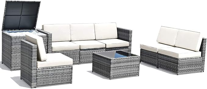 Tangkula 8 PCS Outdoor Patio Furniture Set, Rattan Wicker Sofa Set, Sectional Sofa Couch Conversation Set w/Storage Table and 12 Zippered Cushions for Garden Backyard Poolside (White)