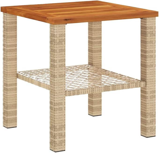 vidaXL Patio Table, Outdoor Coffee Table, Patio Furniture, Square Garden Table with Wooden Top for Lawn Backyard, Beige Poly Rattan Acacia Wood