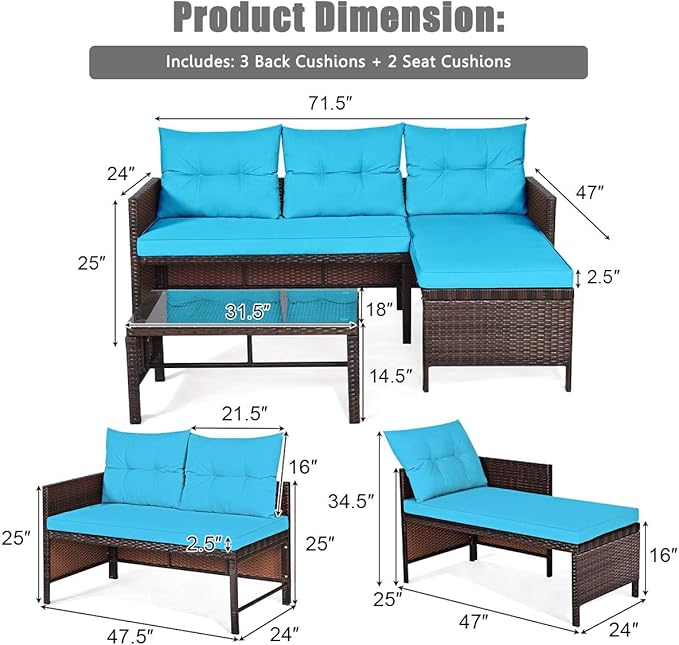 HAPPYGRILL 3 Pieces Rattan Wicker Patio Conversation Set, Outdoor Sofa Table Set with Steel Frame & Seat Cushion, Porch Furniture Set for Garden Lawn Pool Backyard