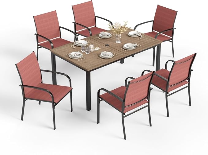 HERA'S HOUSE 7pc Outdoor Patio Dining Set, Wood-Look Metal Table, Red | 64" rectangular table with umbrella hole, 6 textilene chairs. Waterproof, rust-resistant, all-weather for backyard, porch