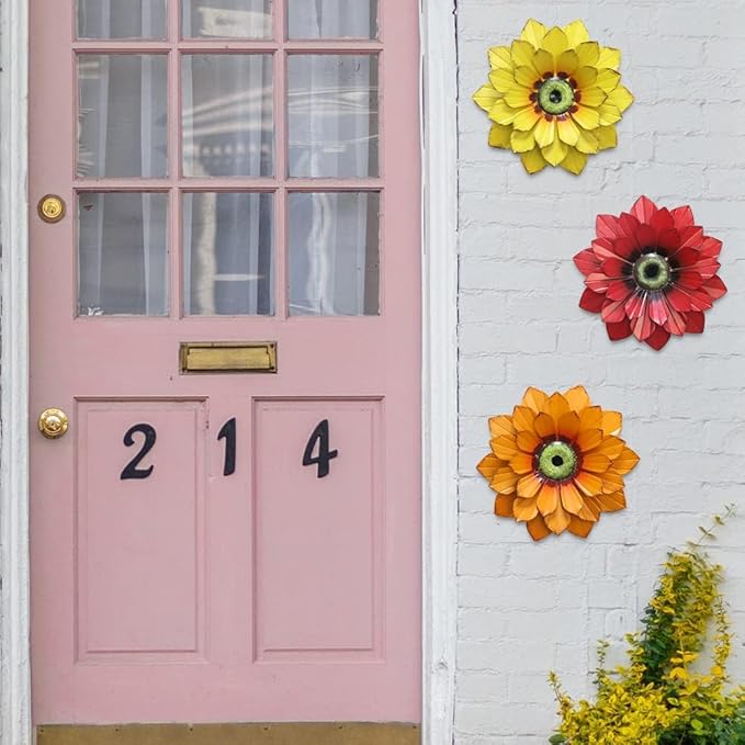 hogardeck Metal Flower Wall Decor - 3 Pcs Outdoor Wall Art Backyard Decorations Spring Decor Hanging for Kitchen, Living Room, Bathroom