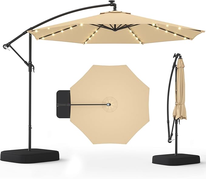 10FT 40-LED Solar Lighted Patio Umbrella with Base Included, Outdoor Offset Cantilever Umbrella, Infinite Tilt, UV Protection for Backyard, Lawn, Garden & Pool