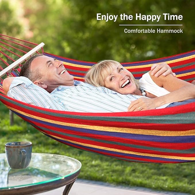 Outerman 275 x 155 cm Camping Hammock, Hammocks Thickened Canvas Fabric with 550lb Load Capacity, Two Anti Roll Balance Beam and Sturdy Metal Knot Tree Straps for Travel, Beach, Backyard etc.