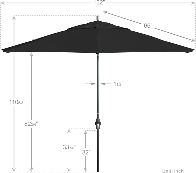 California Umbrella 11Ft Fiberglass Rib Patio Umbrella, Hand-Crank, Tilt-Collar, Gray Frame, Solution Dyed Black Fabric