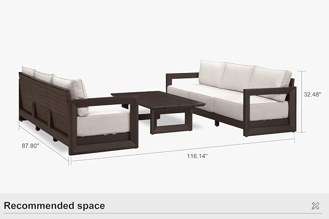 PURPLE LEAF Patio Furniture Set Open-End Outdoor Couch with 9.6" Thick Cushion and Soft Pillows 7 Piece Outdoor Sectional Sofas with Table Modern Outdoor Conversation Sets for Yard Porch Deck, Bronze