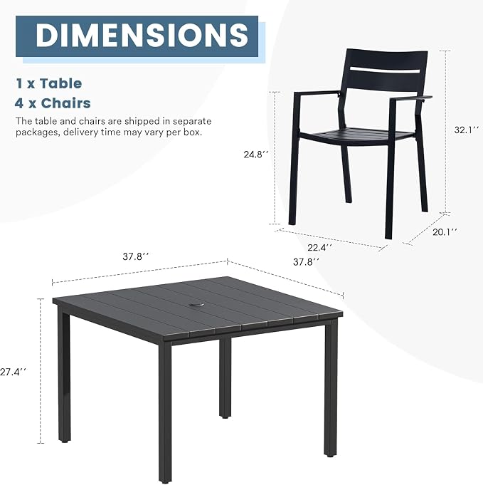 DIFY 5 Pieces Outdoor Patio Dining Set for 4, 40.2" Square Metal Dining Table and 4 Metal Stackable Dining Chairs, Outdoor Table and Chairs for Lawn Garden Poolside, Black