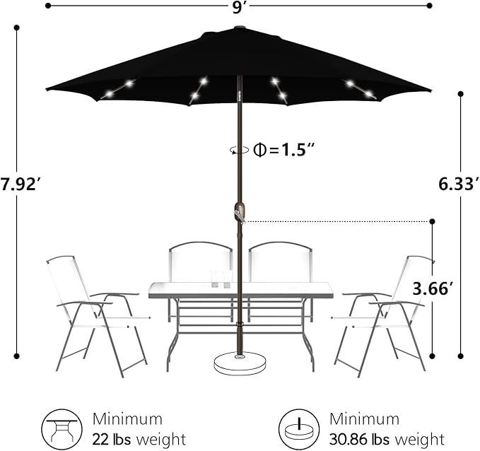 9ft Patio Umbrella with Solar Lights, Outdoor Umbrella with 24 LED Solar Umbrella Lights, Solar Patio Umbrella with Push Botton Tilt & Crank Ideal for Garden, Backyard & Pool, Black