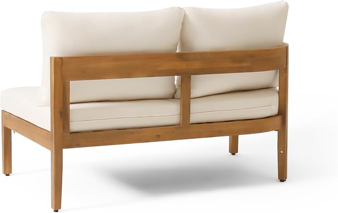Merax Outdoor 80" Acacia Wood Curved Sectional 5-Seater Sofa, Patio V-Shaped Sofa Couch with Weather-Resistant Cushions for Porch, Lawn, Backyard, Balcony, Teak+ Beige
