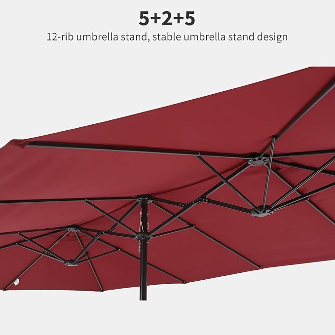 15FT Large Patio Umbrella with Crank Handle,Double-Sided Rectangular Outdoor Umbrella for Pool, Garden, Deck, Lawn & Market (Claret Red)