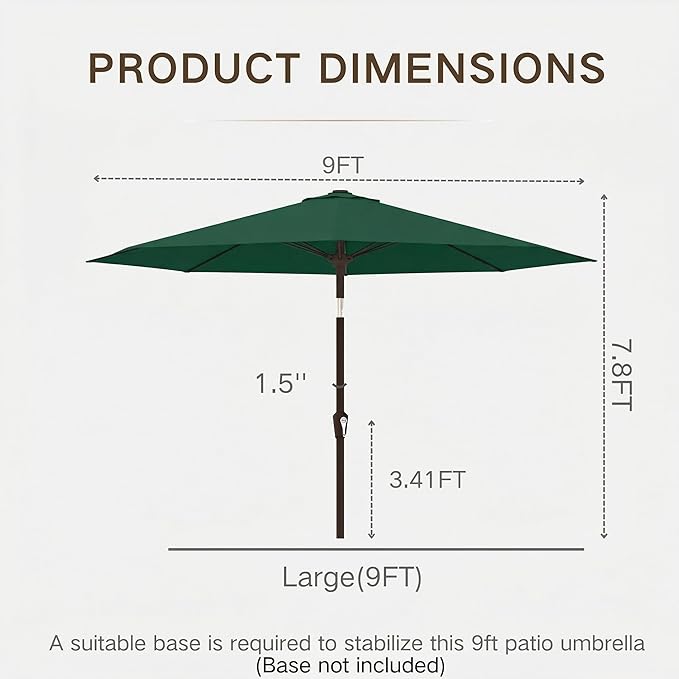 Kingdura 9FT Outdoor Patio Umbrella, Market Table Umbrella with Push Button Tilt and Crank, 8 Sturdy Fiberglass Ribs, UV Protection for Pool, Lawn, Deck, Backyard, Garden (Dark green)