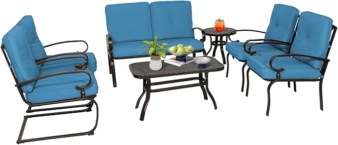 Oakcloud 7Pcs Metal Outdoor Furniture Patio Conversation Set (Loveseat, Coffee Table and Bistro Table, 2 Spring Chair, 2 Dining Chair) -Wrought Iron Patio Chair Set with Cushions (Blue)
