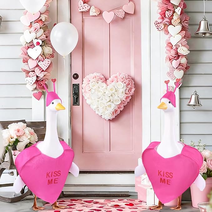 Valentine's Day Goose Outfit for 23" Porch Goose Holiday Rose Red Heart Cloths Costume Valentines Party Outdoor Garden Patio Yard Lawn Art Decoration(Kiss Me)