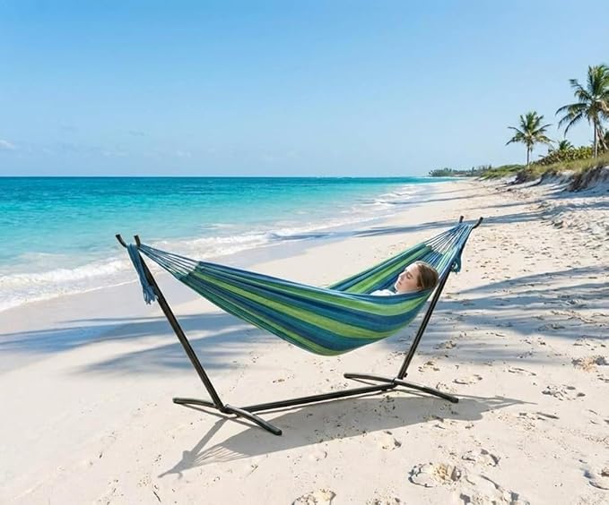 Double Hammocks with Stand for Outside, Heavy Duty Portable Outdoor Hammock with 6 Adjustable Height, 450 LBS Weight Capacity, Perfect for Outdoor Indoor Patio Backyard Garden