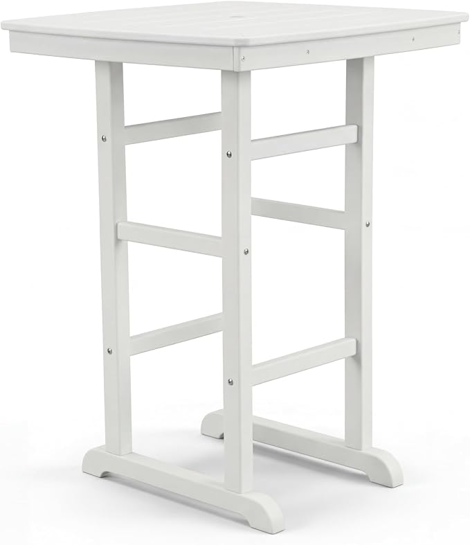3-Piece HDPE Bar Height Table and Chairs Set, 42.1" Square High Top Pub Table with Umbrella Hole, 2 Adirondack Charis with Cup Holders, Outdoor Patio Dining Set for Bistro Backyard Deck White