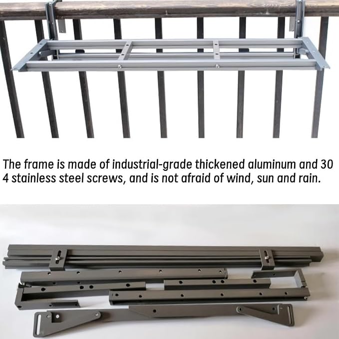 Balcony Railing Table, Heavy-Duty Adjustable Outdoor Tray with Quick Clamp – No Drill Industrial Metal Desk for Railings, Weatherproof Foldable Bar Table for Patio, Deck, Plants & Drinks(31.5''L)