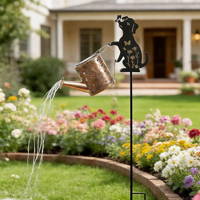 Outdoor Dog Statue Solar Watering Can with Lights, Complete with Netal Dog Silhouette Garden Stake. Ldeal for Garden, Lawn and Courtyard Decoration, A Unique Gift for Mothers and Women.