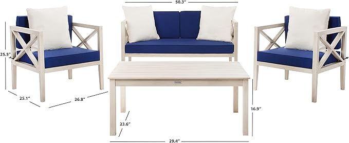 Safavieh PAT7031A Collection Nunzio Teak and White and Navy 4 Pc Accent Pillows Outdoor Set