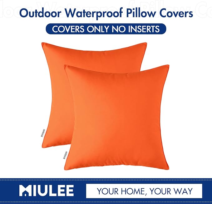 MIULEE Decorative Outdoor Waterproof Pillow Covers 16x16 Orange | Decorative Patio Furniture,Pack of 2,Accent Square Soild Throw Pillow Covers,Summer Garden Tent Couch Sofa