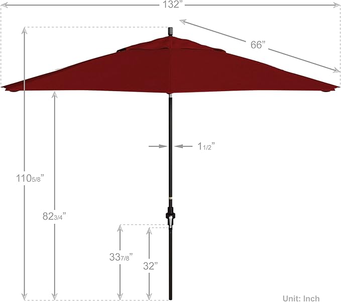 California Umbrella 11Ft Fiberglass Rib Patio Umbrella, Hand-Crank, Tilt-Collar, Bronze Frame, Solution Dyed Red Fabric
