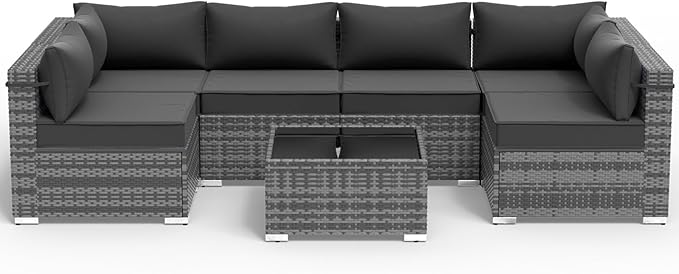 Outdoor Patio Furniture Set 7 Pieces Sectional Rattan Sofa Set, PE Wicker Patio Conversation Set with 6 Seat Cushions and 1 Tempered Glass Table and Furniture Cover, Black