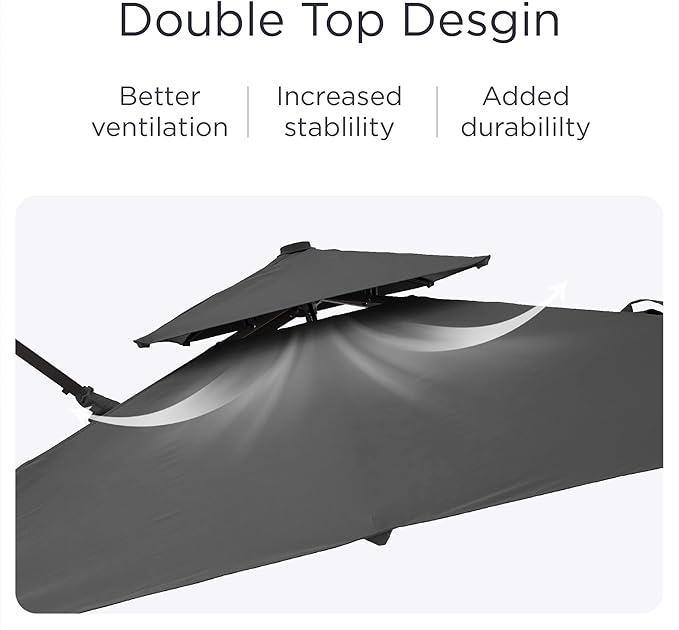 Deconk 9' X 12' Patio Umbrella with LED Lights Outdoor Cantilever Large Rectangle Offset Umbrellas Heavy Duty Aluminum Double Top with 360-degree Rotation for Pool Garden Deck, Grey