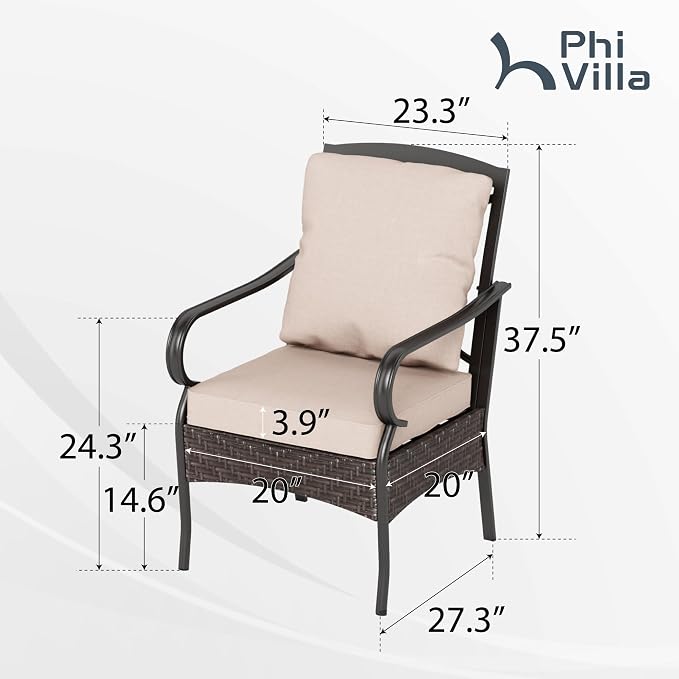 PHI VILLA Patio Dining Chairs Outdoor Wicker Chairs Set of 2 with Cushions | Heavy Duty Outdoor Metal Wicker Dining Chair with Padded Cushions, Large All Weather Wrought Iron Patio Chair for Balcony