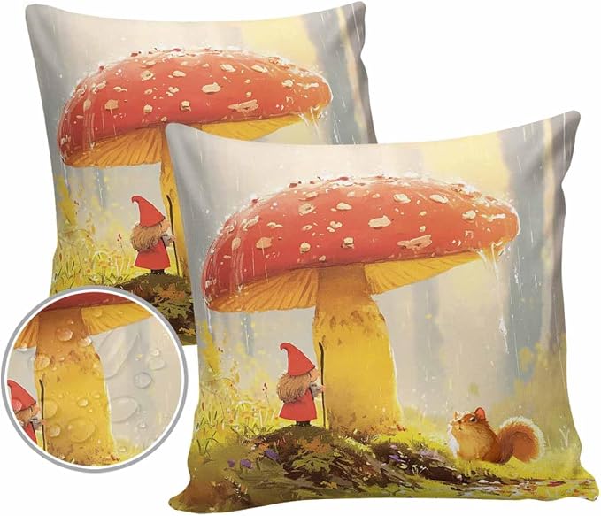 Outdoor Waterproof Throw Pillow Covers 24x24in, Fall Thanksgiving Mushrooms Cushions for Garden Patio Furniture Chairs Set of 2, Gnome Squirrels Home Decor Couch Sofa Polyester Pillow Cases