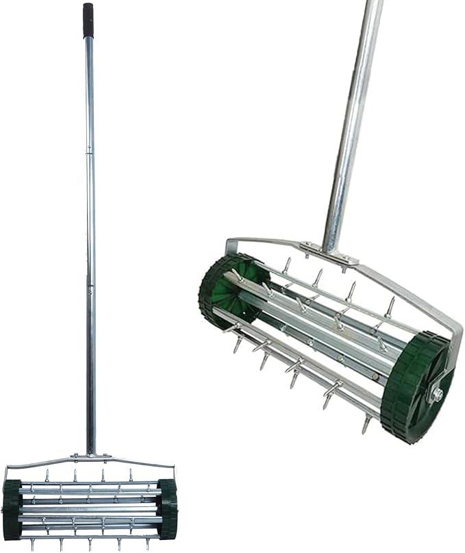 Heavy Duty Rolling Lawn Aerator,Rolling Lawn Aerator, Rotary Push Tine Spike Soil Lawn Aerator Gardening Tool with 3-Piece Long Steel Handle for Garden Yard Grass Maintenance,Garden Yard Rotary Push