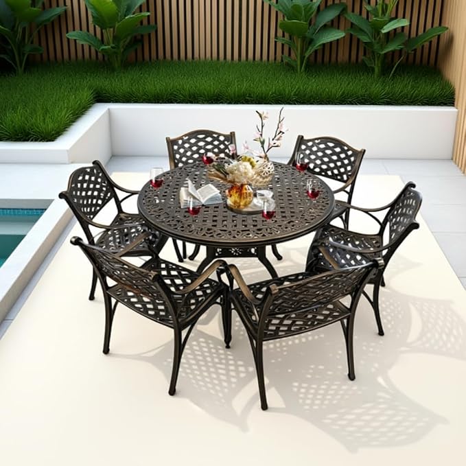 Patio Dinning Set Weather Resistant Cast Aluminum Patio Furniture Set with Umbrella Hole, Bistro Dining Set for Garden (48" x 48" Table B and 6 Chairs Bronze, 7 Pieces)