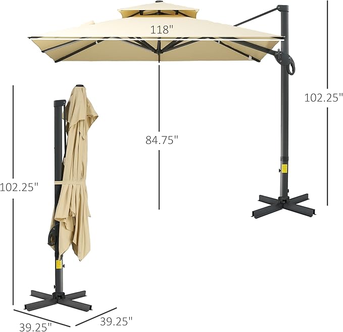 GOWE 10ft Offset Patio Umbrella, Hanging Cantilever Umbrella, Square Shape, Aluminum Cross Base, Tilt, 360-Degree Rotation, Beige