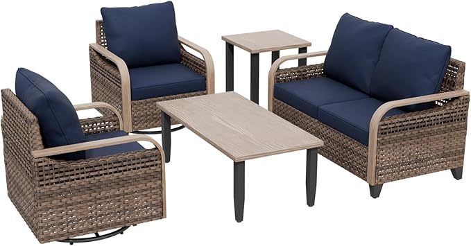 COOS BAY Modern Wicker Outdoor Furniture Set, 5 Piece Patio Conversation Set with 2 Swivel Rockers, a Loveseat, Coffee Table and Side Table, 5 Piece, Brown/Blue