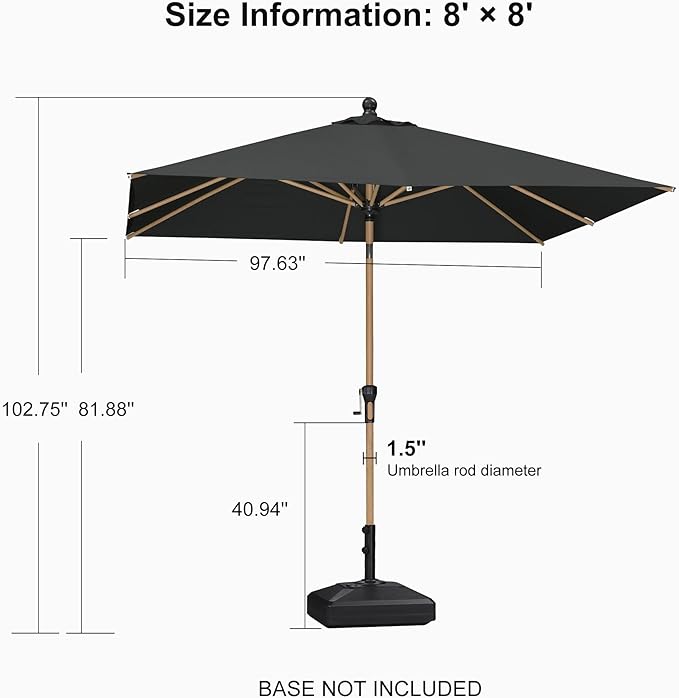PURPLE LEAF 8' x 8' Square Patio Umbrella Outdoor Table Umbrella Aluminum Market Umbrella with Push Button Tilt & 8 Sturdy Ribs and Crank Outdoor Umbrellas for Garden Deck Patio, Black