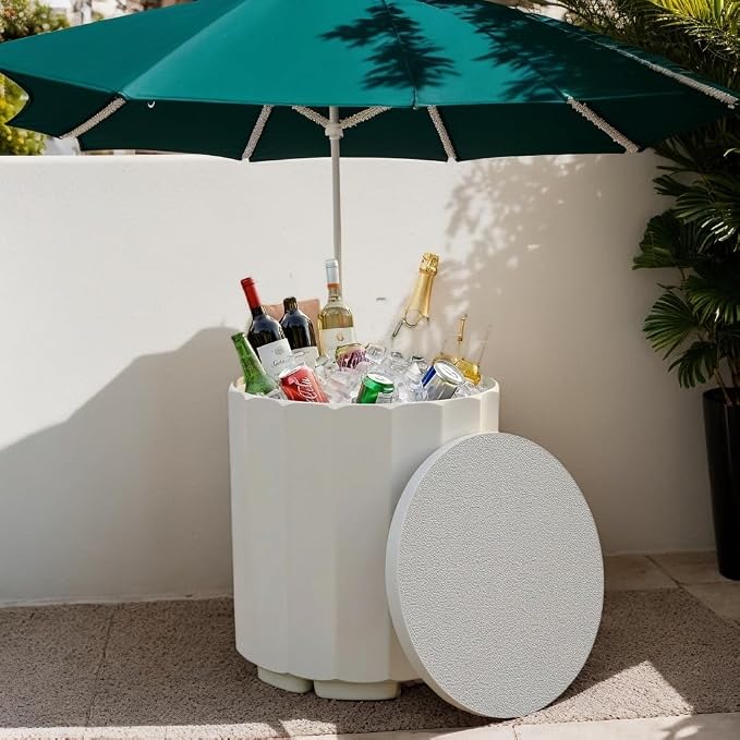Zapdos 3-in-1 Outdoor Cooler Side Table, Dense Fluted Design, 16.5in Patio Ice Bucket, 330lbs Capacity, No Assembly, White