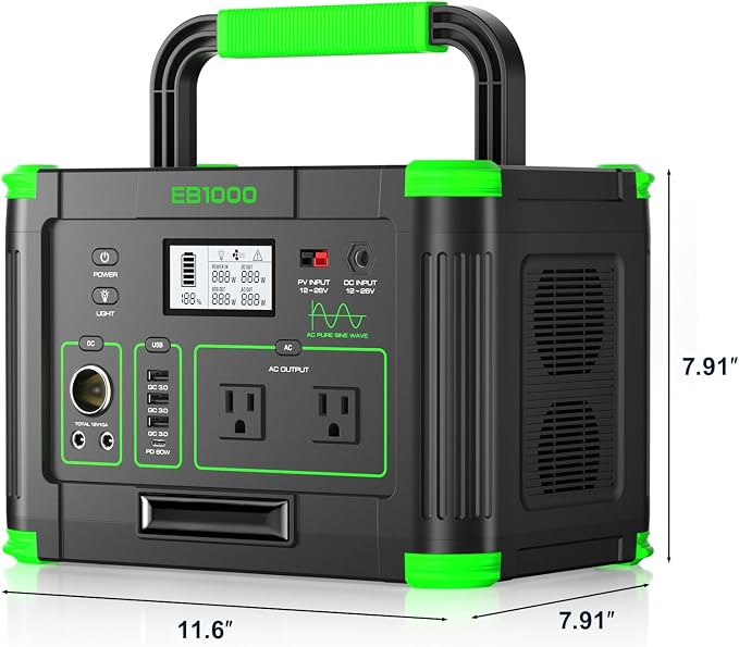 Portable Power Station 1000W, 999Wh Solar Generator, Pure Sine Wave AC Outlet with PD 60W USB-C Fast Charging, Outdoor Camping RV Van Home Backup Off-Grid Living