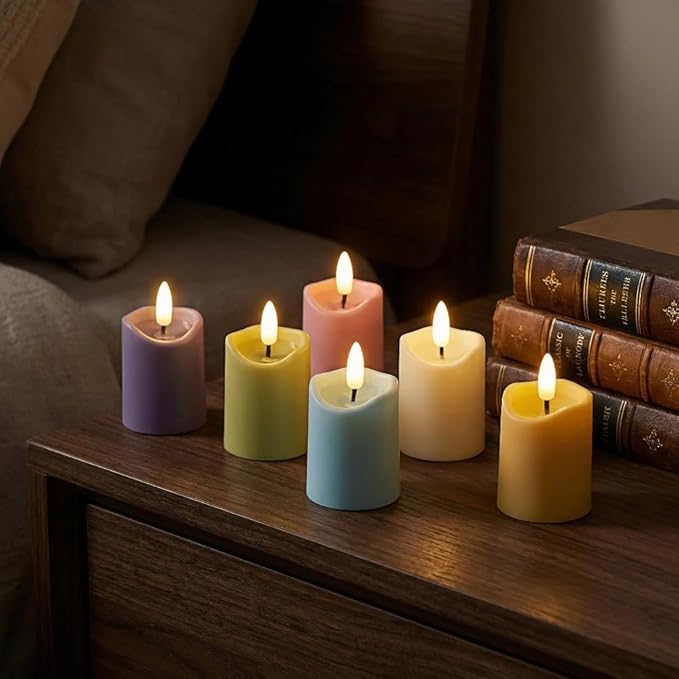 Simplelight Pastel Flameless Votive Candles with Timer, Realistic Black Wick Spring Candles Battery Operated, Battery Included, D 1.8” X H 3.1”, Set of 6 for Easter Decoration (Multi Color)