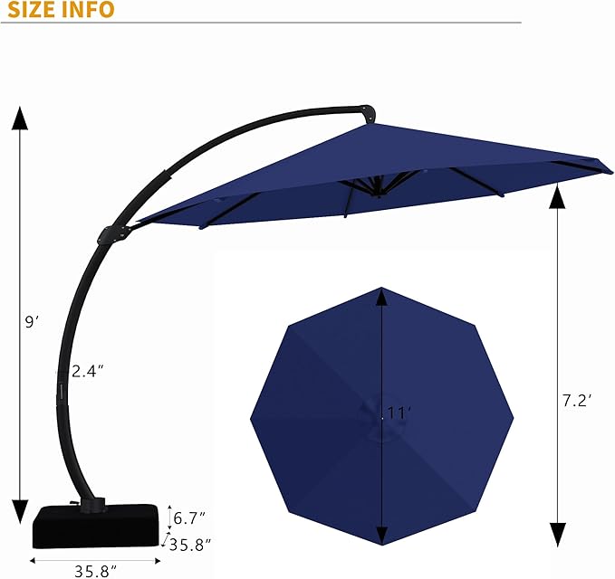 Kingdura 12ft Offset Cantilever Patio Umbrella with Base Included, Large Round Aluminum Outdoor Umbrella, 360° Rotation & Infinite Tilt, Heavy Duty Frame for Deck Pool Backyard, Navy blue