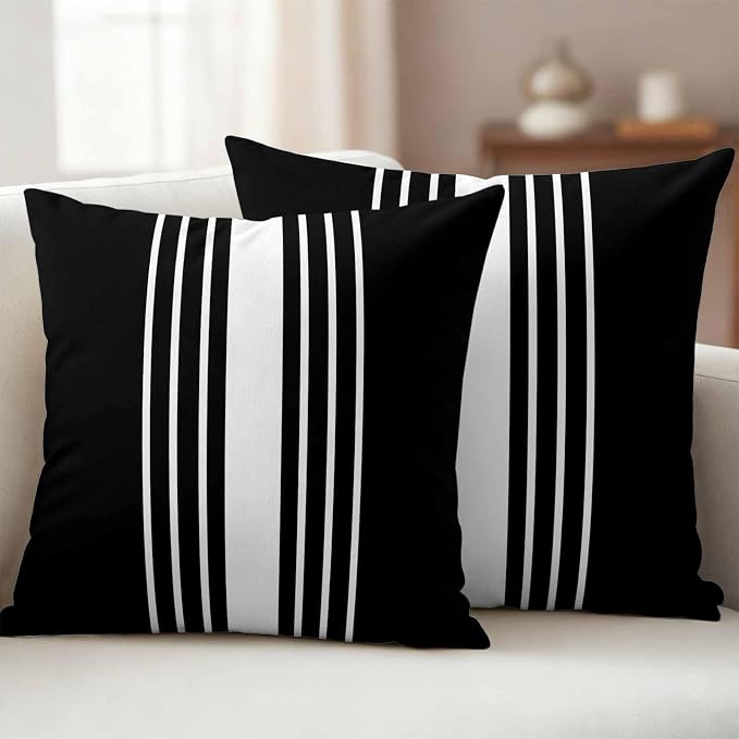 Black White Stripe Outdoor Pillow Covers 24x24 Inch Throw Pillow Covers Set of 2 Waterproof Decorative Pillow Cases Modern Rustic Vertical Striped Cushion Covers for Patio Furniture Garden Couch Sofa