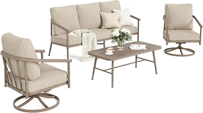 4 Piece Metal Outdoor Patio Furniture Sets, Unique Windsor Style Patio Conversation Sets 1 3-Seater Sofa, 2 Swivel Chair and Coffee Table with 5.75" Thick Cushion, Backyard Furniture