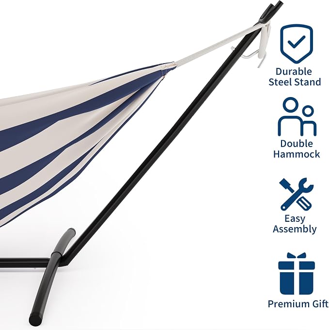 Heavy Duty Double Cotton Hammock with Stand, 450lbs Capacity Portable Hammock with Carry Bag, Vibrant Tropical Style for Indoor Outdoor Patio Backyard Camping