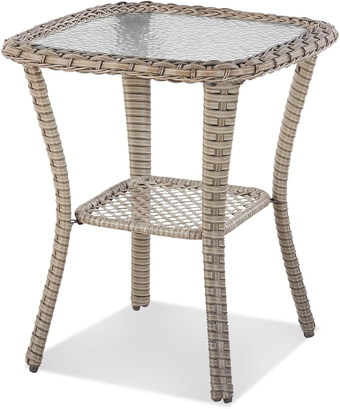 Patio Tables Wicker Side Table, Outdoor End Table with Storage Shelf, Patio Furniture Side Table for Sofa, Swivel Chairs, Garden, Balcony - Light Grey
