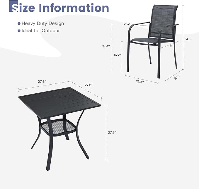 VICLLAX Outdoor Dining Set for 2, Small Patio Table and Chairs Set of Stackable Patio Sling Chairs and Square Dining Table for Front Porch, Dark Grey Fabric and Black Table