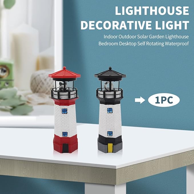 LED Solar Powered Lighthouse, Indoor Outdoor Lighthouse with Rotating Beacon LED Lights, Courtyard Waterproof Landscape Lights for Garden Patio Landscape Outside Yard Gifts red