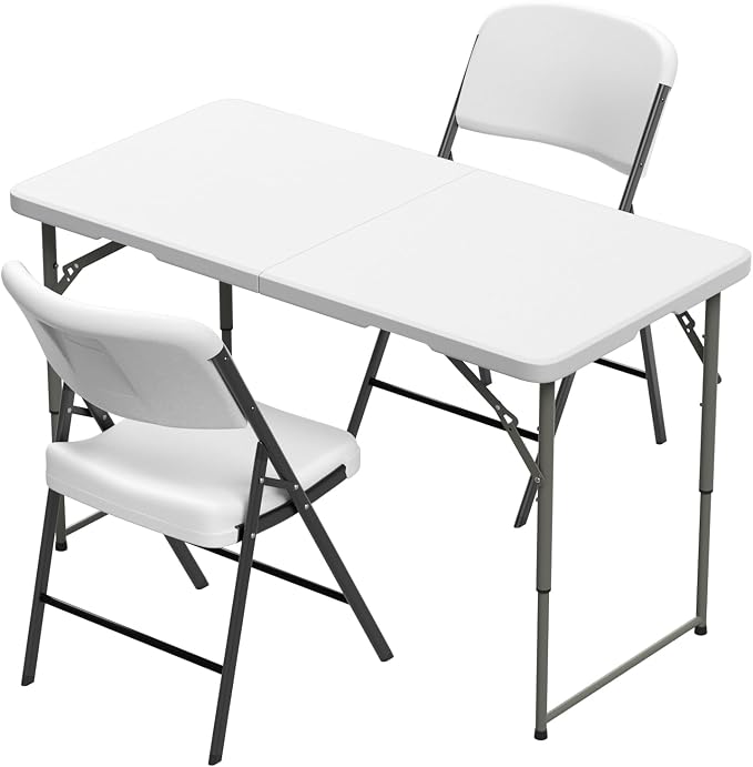 Elevon Folding Table Set with 2 White Folding Chairs,4 Feet Heavy Duty Fold-in-Half Utility Table Sets for Picnic, Event, Training, Outdoor Activities, at Home and Commercial Use