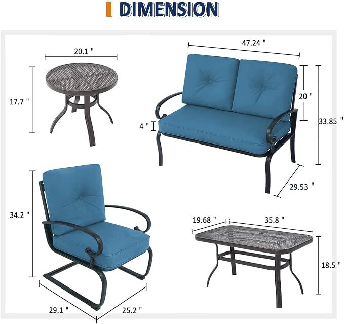 Incbruce 5 Piece Wrought Iron Patio Furniture Set Metal Outdoor Conversation Sets (Loveseat, Coffee Table and Bistro Table, 2 Spring Chair) with Cushion (Peacock Blue)