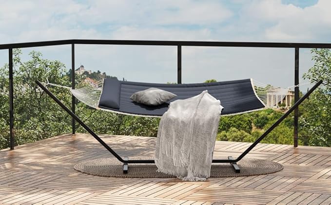 Double Hammock with Stand for Outdoor, Heavy Duty Portable Hammock with Adjustable Steel Stand for Patio, Garden, Beach, Backyard, Dark Gray