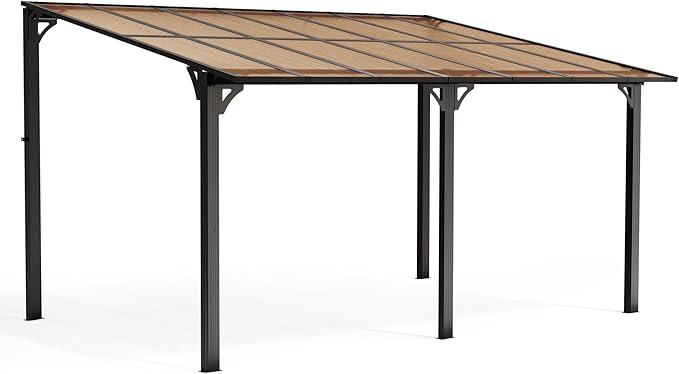 Pamapic 10x14FT Wall Mounted Gazebo, Hardtop Lean to Gazebo with Aluminum Frame & UV Resistant Polycarbonate Roof, Outdoor Patio Awning for Deck, Porch, Lawn & Backyard