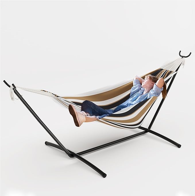 Double Cotton Hammock with Steel Stand for Outside, Brazilian Style 450lbs Capacity Portable Indoor Outdoor Lounger with Carry Bag, 2-Person Capacity, Ideal for Backyard, Garden, Camping, Brown